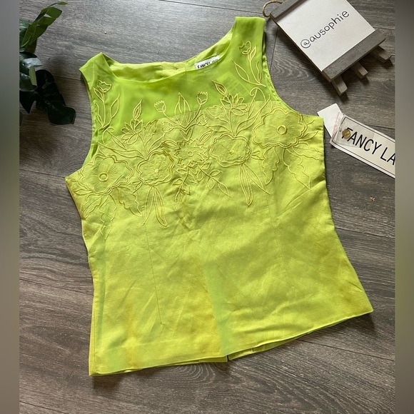 Vintage Tops - Vintage Fancy Lady Ramie Floral Embroidered Kiwi Green Sleeveless Top 10 NWT!
